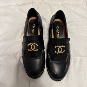 Authentic CHANEL Black Leather Camellia CC Loafers | EU 38C US 8 | Gold